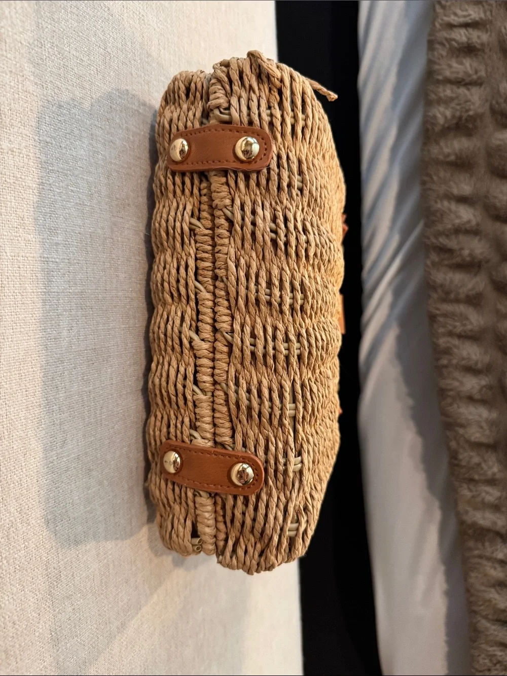 Woven Straw Tote Bag with Tan Leather Trim - Picture 5 of 5